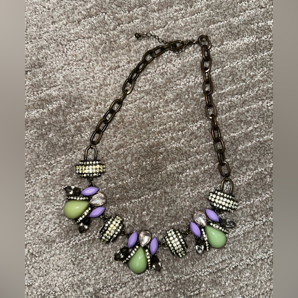 Statement necklace with mint green and pastel purple stones